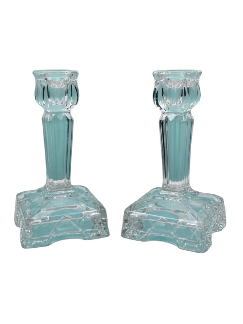 VTG Ernst Buder Art Deco Clear Crystal Glass Candlesticks Set of 2